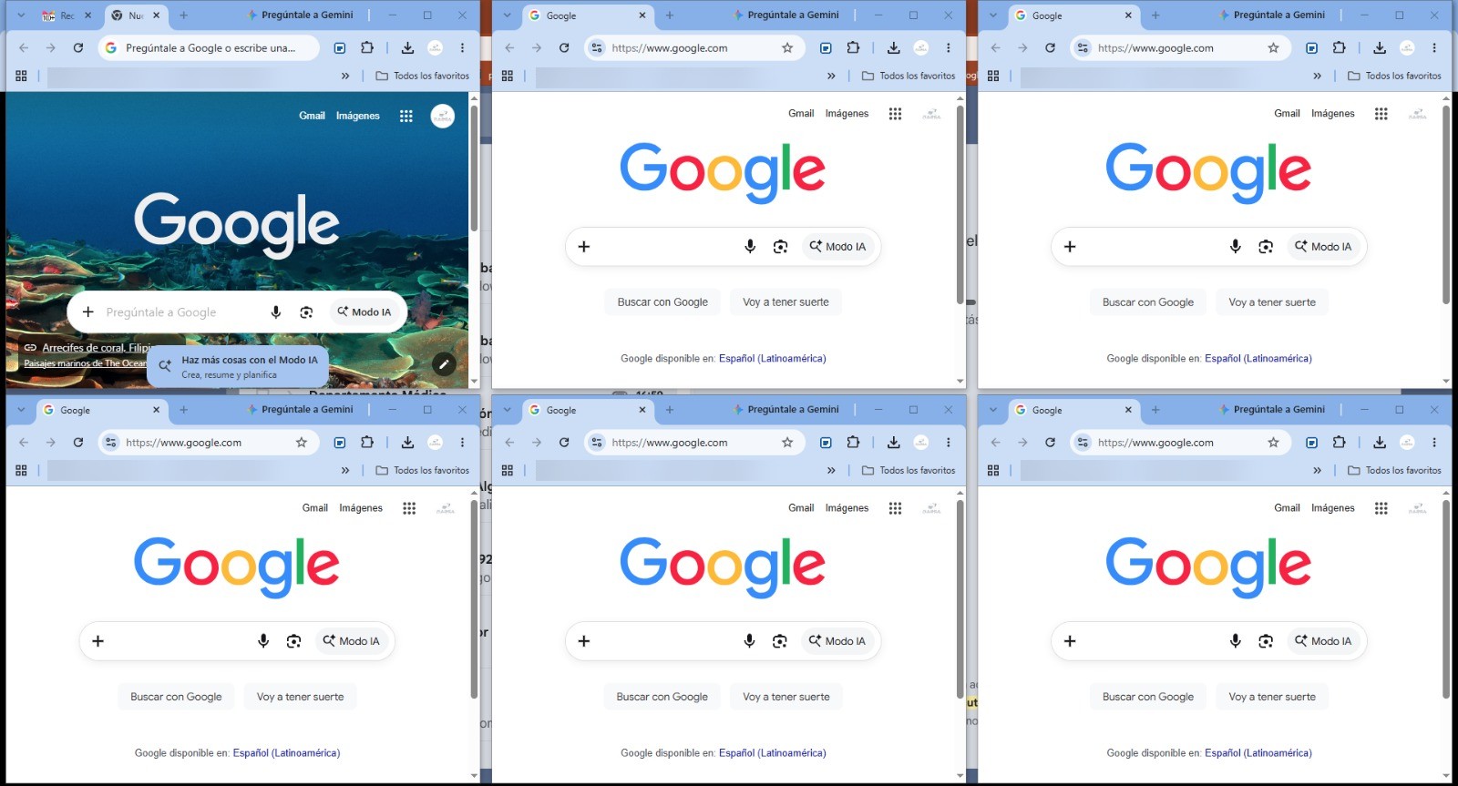 Six real Chrome browser windows in a three-column, two-row workspace